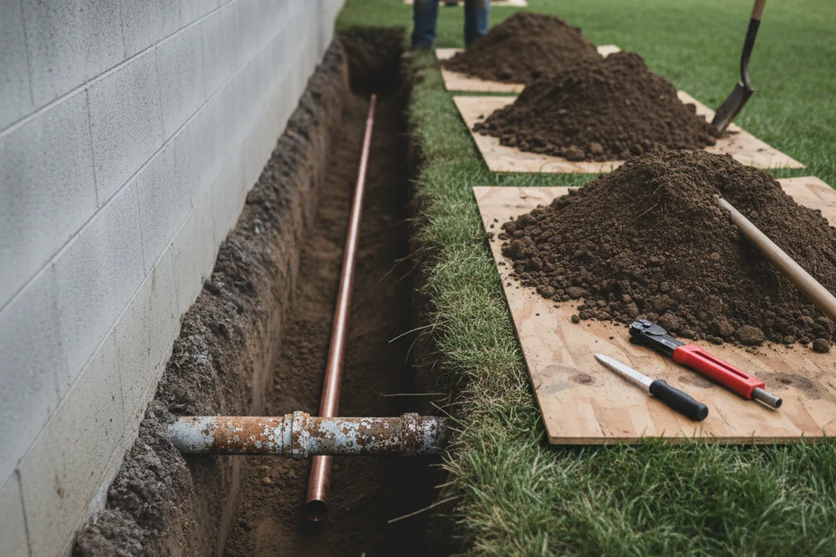 Excavated water line trench during Water Heater Repair in Albemarle